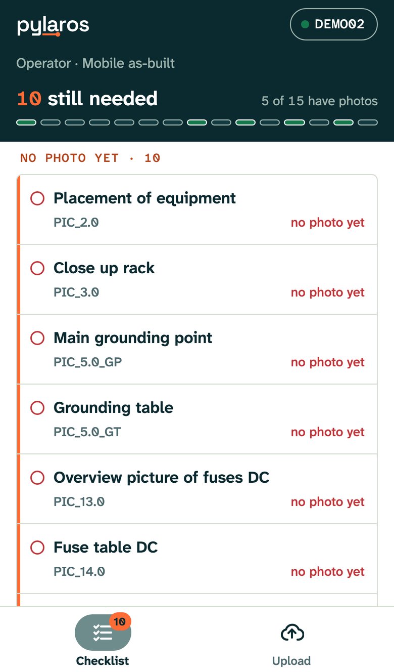 Field app on a phone: 11 still needed, 4 of 15 requirements have photos, with the list of photos not yet taken