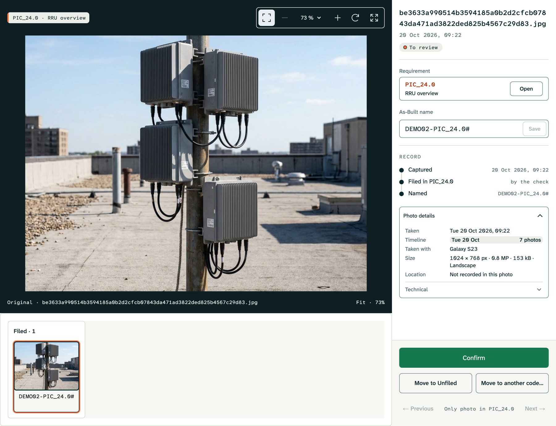 Viewer with an RRU photo filed in PIC_24.0 RRU overview, the as-built name DEMO02-PIC_24.0# and photo details open